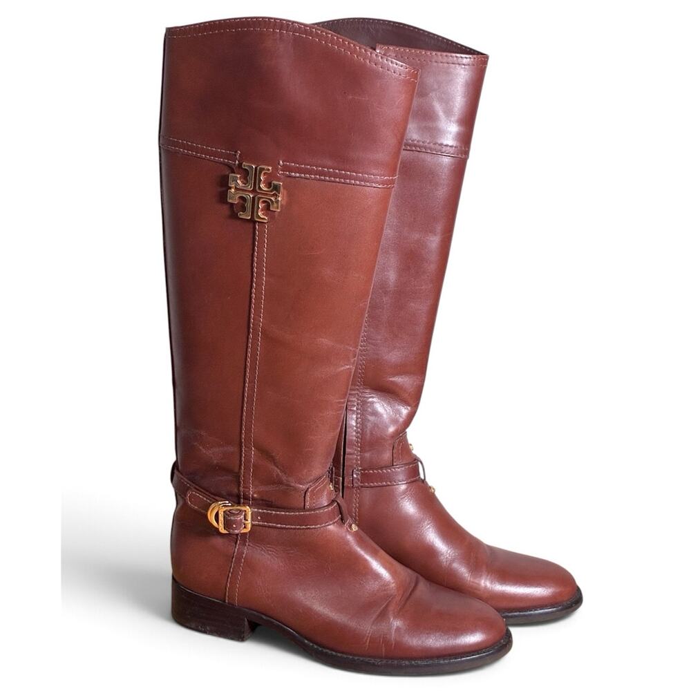 Tory Burch Eloise Riding Boots Almond Brown Leather Gold Logo, Size 7